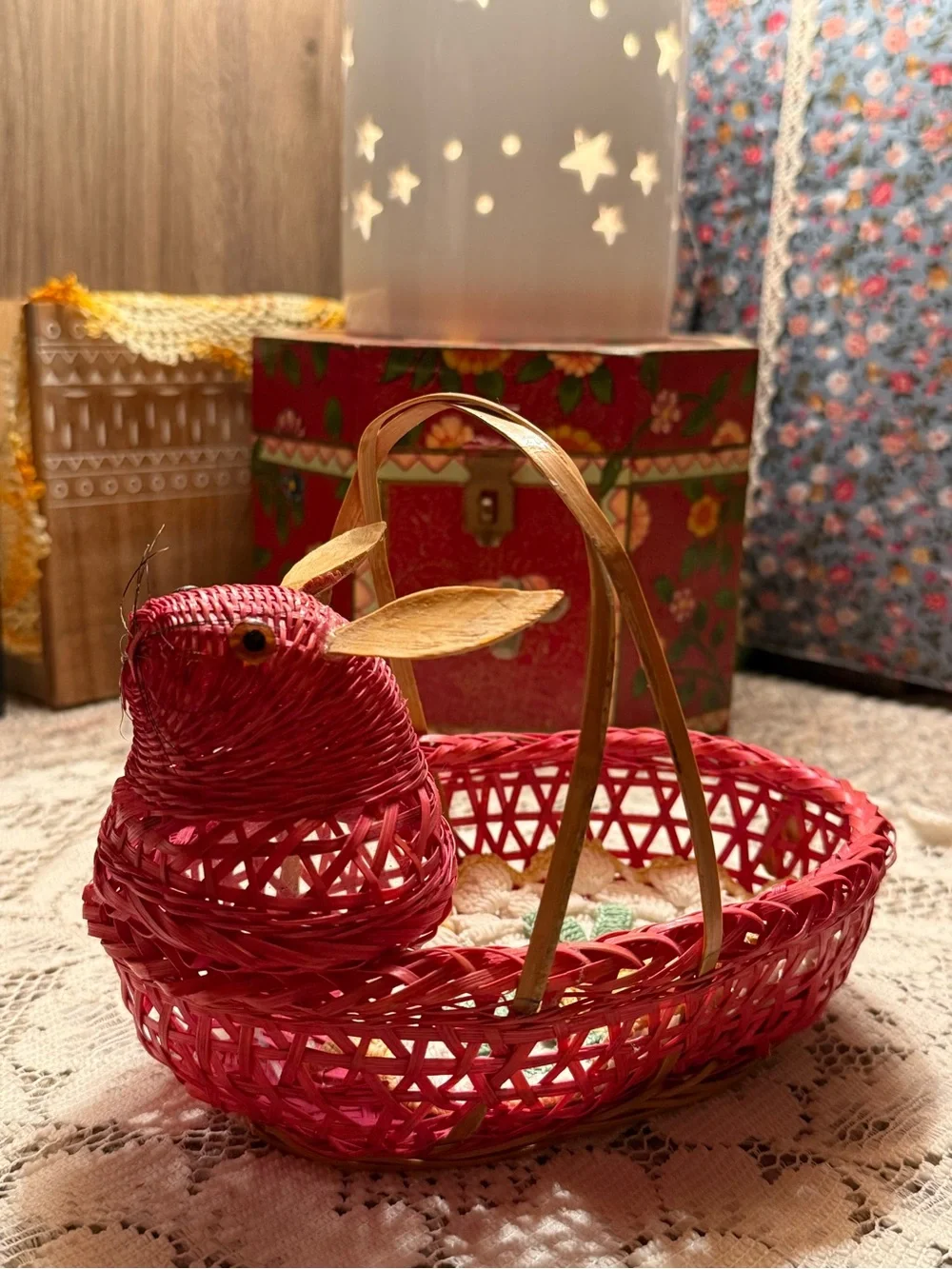 Vintage Wicker Bunny Rabbit Basket Red Wooden Rattan Ears Button Eyes & Whiskers